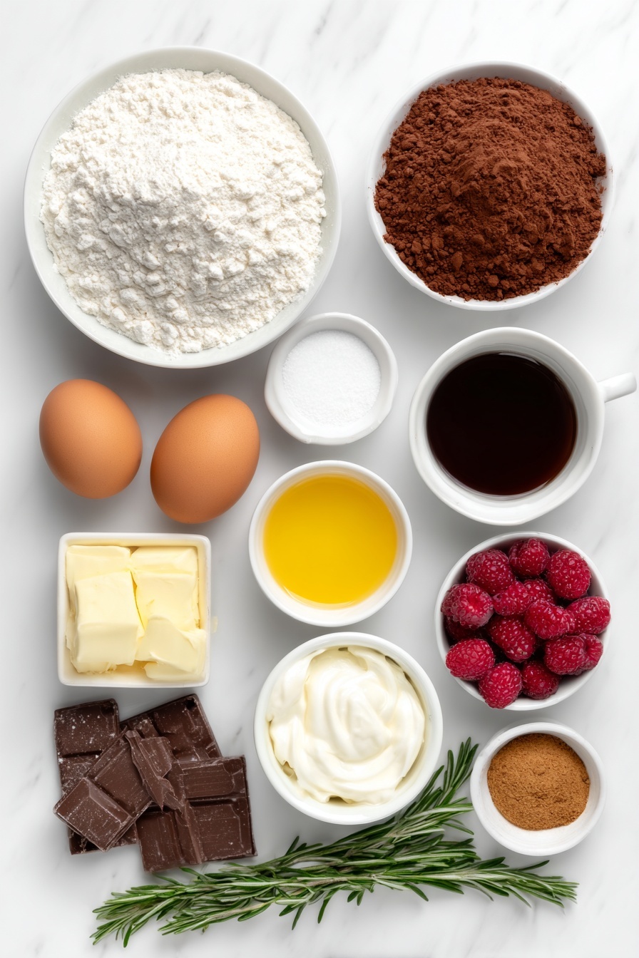 Flat lay of a small pile of all-purpose flour on a white ceramic plate, a small mound of granulated sugar in a white ceramic bowl, a heap of rich cocoa powder on a white ceramic dish, two whole brown eggs with clean shells, a small white bowl of creamy buttermilk, a small white bowl of thick sour cream, a small white bowl containing golden sunflower oil, a small white bowl of dark brewed coffee, chopped pieces of smooth milk chocolate, a sprinkle of lebkuchen spice powder on a white ceramic dish, a pinch of baking soda and baking powder on a small white bowl, a small pile of fine salt on a white ceramic dish, a handful of fresh cranberries and raspberries arranged neatly, and a few fresh rosemary stems placed symmetrically, all arranged with perfect balance and symmetry, placed on a clean white marble surface, soft natural light, photo taken with an iPhone, professional food photography style, fresh ingredients, white ceramic bowls, no bottles, no duplicates, no utensils, no packaging --ar 2:3 --v 7 --p m7354615311229779997 - Gingerbread Chocolate Bundt Cake, holiday gingerbread cake, chocolate festive dessert, easy Christmas cake, seasonal Bundt cake