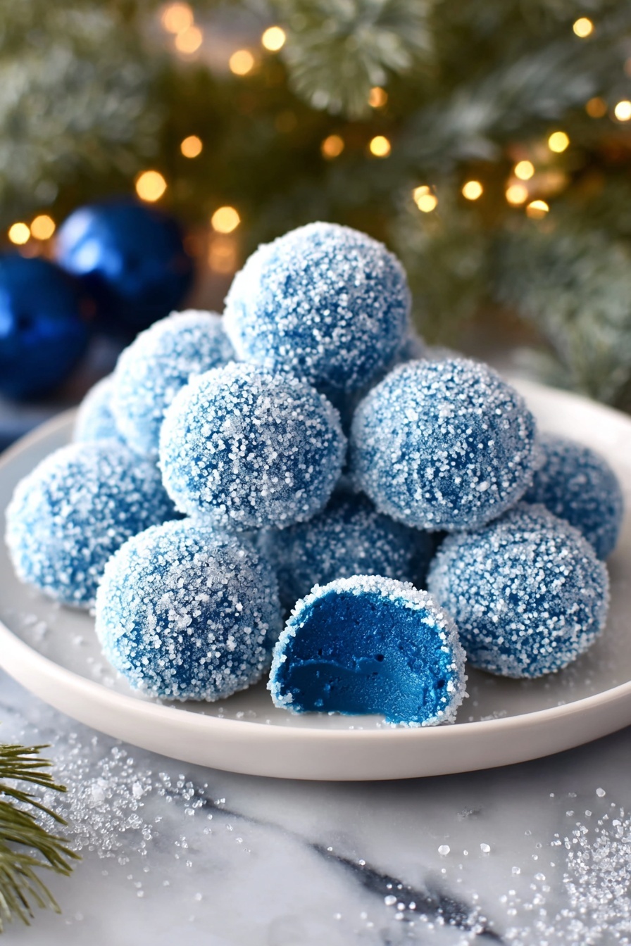 A white plate holds a pile of round blue treats covered in sparkling white sugar crystals, creating a glittery texture. One treat in the front has a bite taken out of it, showing a smooth, solid blue inside layer that matches the outer color. The plate sits on a white marbled surface with a few scattered sparkling bits around it, and the background includes blurred green pine branches and warm lights creating a cozy feel. Photo taken with an iphone --ar 2:3 --v 7 - Blue Christmas Truffles, festive chocolate truffles, holiday dessert ideas, citrus truffle recipes, easy Christmas treats