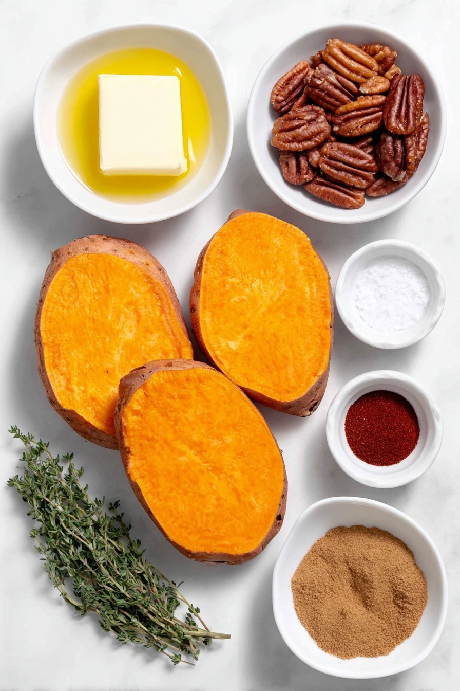 Flat lay of two large sweet potatoes sliced into thick rounds with bright orange flesh, a small white ceramic bowl of golden melted butter, a small white ceramic bowl filled with warm brown cinnamon powder, a small white ceramic bowl containing coarse salt crystals, a small white ceramic bowl with deep red paprika powder, a small white ceramic bowl of freshly ground black pepper, a small white ceramic bowl holding amber maple syrup, a small white ceramic bowl of chopped pecans with their natural brown shells and texture, and a few fresh green thyme sprigs arranged neatly, all placed on a clean white marble surface, soft natural light, photo taken with an iPhone, professional food photography style, fresh ingredients, white ceramic bowls, no bottles, no duplicates, no utensils, no packaging --ar 2:3 --v 7 --p m7354615311229779997 - Maple Pecan Roasted Sweet Potatoes, roasted sweet potatoes with maple syrup, sweet potato side dish, holiday sweet potato recipes, easy roasted sweet potato recipe