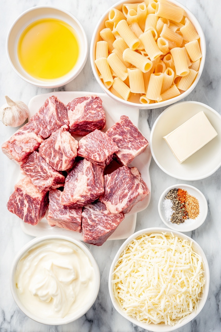 Flat lay of fresh sirloin steak cut into 1-inch cubes, dry Cajun seasoning sprinkled beside the steak, a small pile of uncooked rigatoni pasta, two whole uncracked brown garlic cloves, a small white bowl with golden olive oil, a small white bowl with creamy heavy whipping cream, a small white bowl filled with freshly grated Parmesan cheese, a small white bowl with shredded mozzarella cheese, a small white bowl containing a pat of unsalted butter, a small heap of coarse sea salt, and a few whole black peppercorns, all neatly arranged with perfect symmetry on a simple white ceramic surface, placed on a clean white marble surface, soft natural light, photo taken with an iPhone, professional food photography style, fresh ingredients, white ceramic bowls, no bottles, no duplicates, no utensils, no packaging --ar 2:3 --v 7 --p m7354615311229779997 - Cajun Steak Tips with Cheesy Rigatoni, Cajun steak tips recipe, cheesy rigatoni dish, spicy steak pasta, easy Cajun pasta recipe