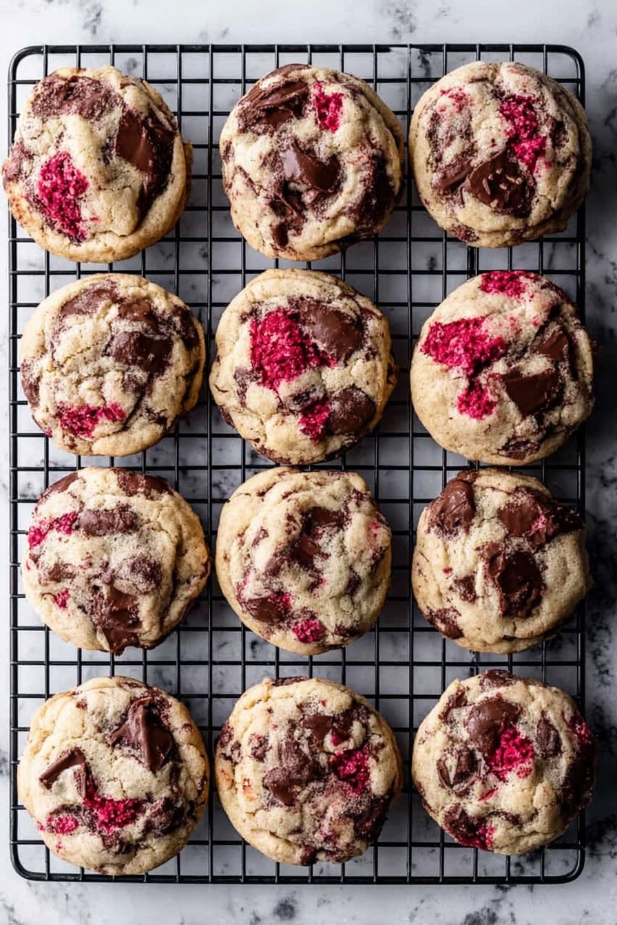 Twelve round cookies rest evenly spaced on a black cooling rack, showing a soft, slightly bumpy surface. Each cookie has a light tan color mixed with dark brown chocolate chunks and bright red raspberry bits scattered throughout. The cookies appear thick and chewy with chocolate pieces melting slightly into the dough, creating a marbled texture on top. The cooling rack sits on a white marbled surface, giving a clean contrast to the warm-toned treats. photo taken with an iphone --ar 2:3 --v 7 - Raspberry Chocolate Chunk Cookies, raspberry chocolate cookies, chewy raspberry cookies, chocolate chunk cookies, fruit and chocolate cookies
