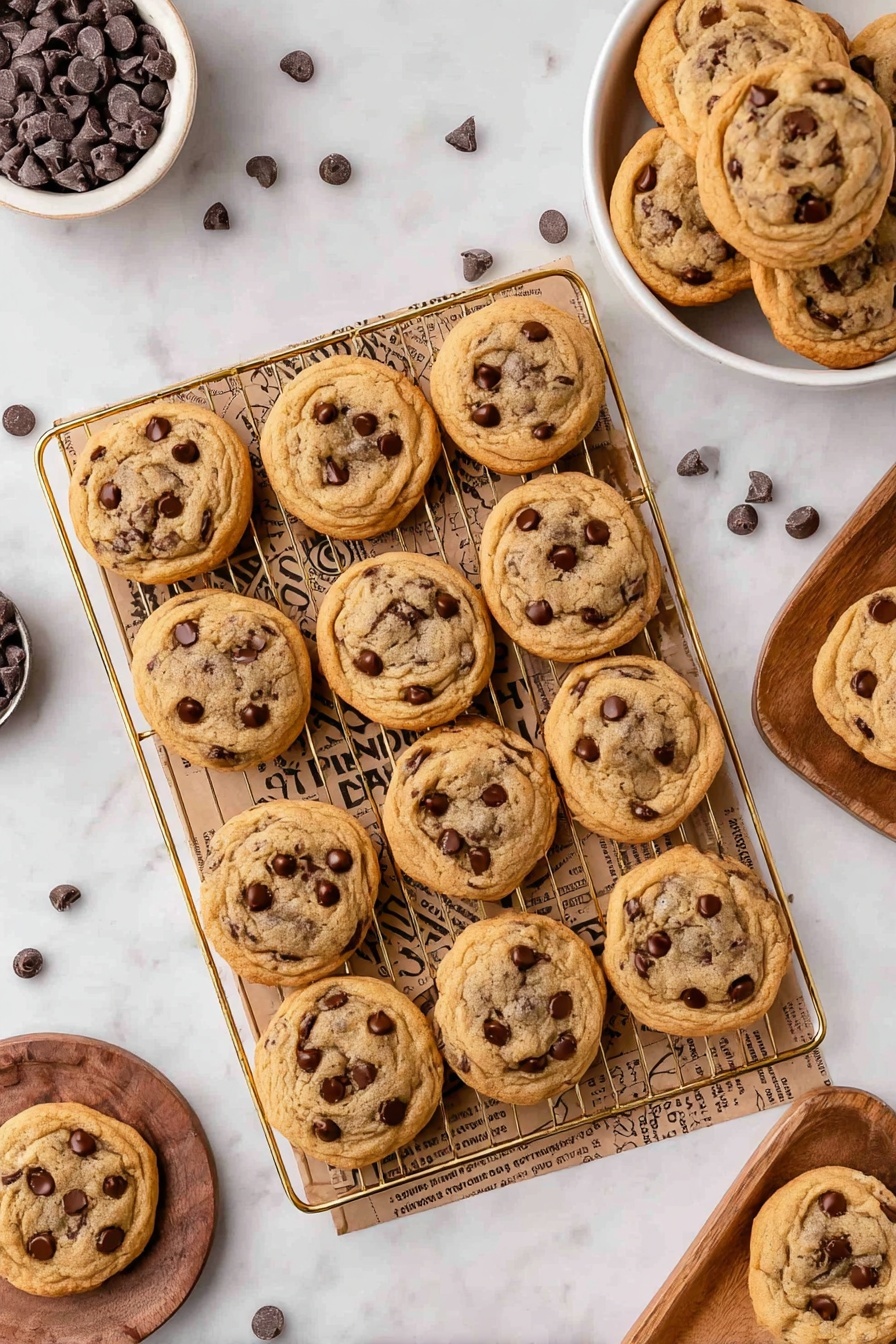 The image shows a close-up of a golden-brown cookie with a soft and slightly cracked texture, studded with dark chocolate chips both on top and inside. The cookie has a gooey, melted chocolate center that oozes out slightly where a piece is broken off. It sits on a sheet of printed parchment paper with parts of other cookies blurred in the background, all placed on a white marbled surface. photo taken with an iphone --ar 2:3 --v 7 - Brown Butter Sourdough Discard Chocolate Chip Cookies, sourdough discard cookies, brown butter cookie recipe, chewy sourdough cookies, easy sourdough cookie ideas
