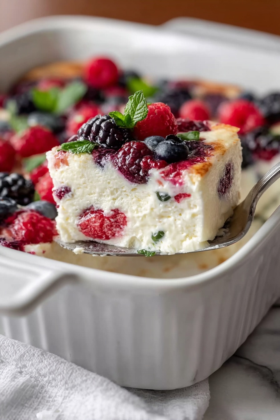A white square baking dish holds a soft, creamy cheesecake with three visible layers: a thick white base that looks smooth and fluffy, a middle layer with embedded red raspberries and green mint leaves, and a top layer decorated with whole blackberries, blueberries, raspberries, and small mint leaves, creating a colorful and textured surface. A silver spatula lifts a square piece from the dish, showing the inside filled with the same berries and creamy texture. The background is a white marbled surface with a white cloth partially visible on the side. Photo taken with an iphone --ar 2:3 --v 7 - High Protein Berry Bake, healthy berry breakfast, high-protein yogurt bake, nutritious berry dessert, easy high-protein breakfast