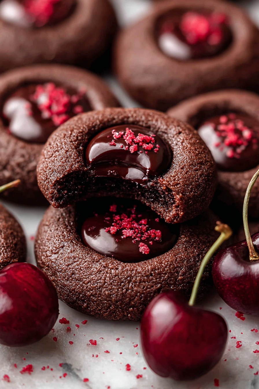 The image shows a close-up of several dark brown chocolate cookies with a smooth, glossy dark chocolate center in each cookie. Each cookie has a sprinkle of small red crumbs on top of the chocolate center. The cookies have a slightly rough texture on the edges and look soft inside, as one cookie on top is bitten, showing the gooey chocolate filling. Among the cookies are shiny, deep red cherries with long, thin stems. The cookies and cherries are placed on a surface with a white marbled texture. photo taken with an iphone --ar 2:3 --v 7 - Chocolate Cherry Cookies with Ganache, cherry chocolate cookie recipe, cherry ganache treats, fudgy cherry cookies, easy chocolate cherry dessert