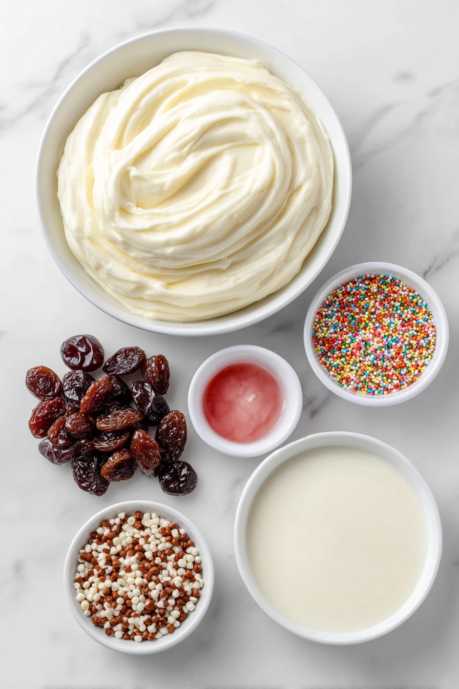 Flat lay of a simple white ceramic bowl filled with smooth white chocolate melting wafers, a small white bowl holding thick sweetened condensed milk, a tiny white bowl containing a few drops of vibrant pink gel food coloring, a handful of glossy dried cherries, and a small pile of colorful sprinkles, all arranged with perfect symmetry and balanced proportions, placed on a clean white marble surface, soft natural light, photo taken with an iPhone, professional food photography style, fresh ingredients, white ceramic bowls, no bottles, no duplicates, no utensils, no packaging --ar 2:3 --v 7 --p m7354615311229779997 - Pink White Chocolate Fudge, pink white chocolate fudge recipe, easy white chocolate fudge, colorful fudge recipes, quick dessert ideas