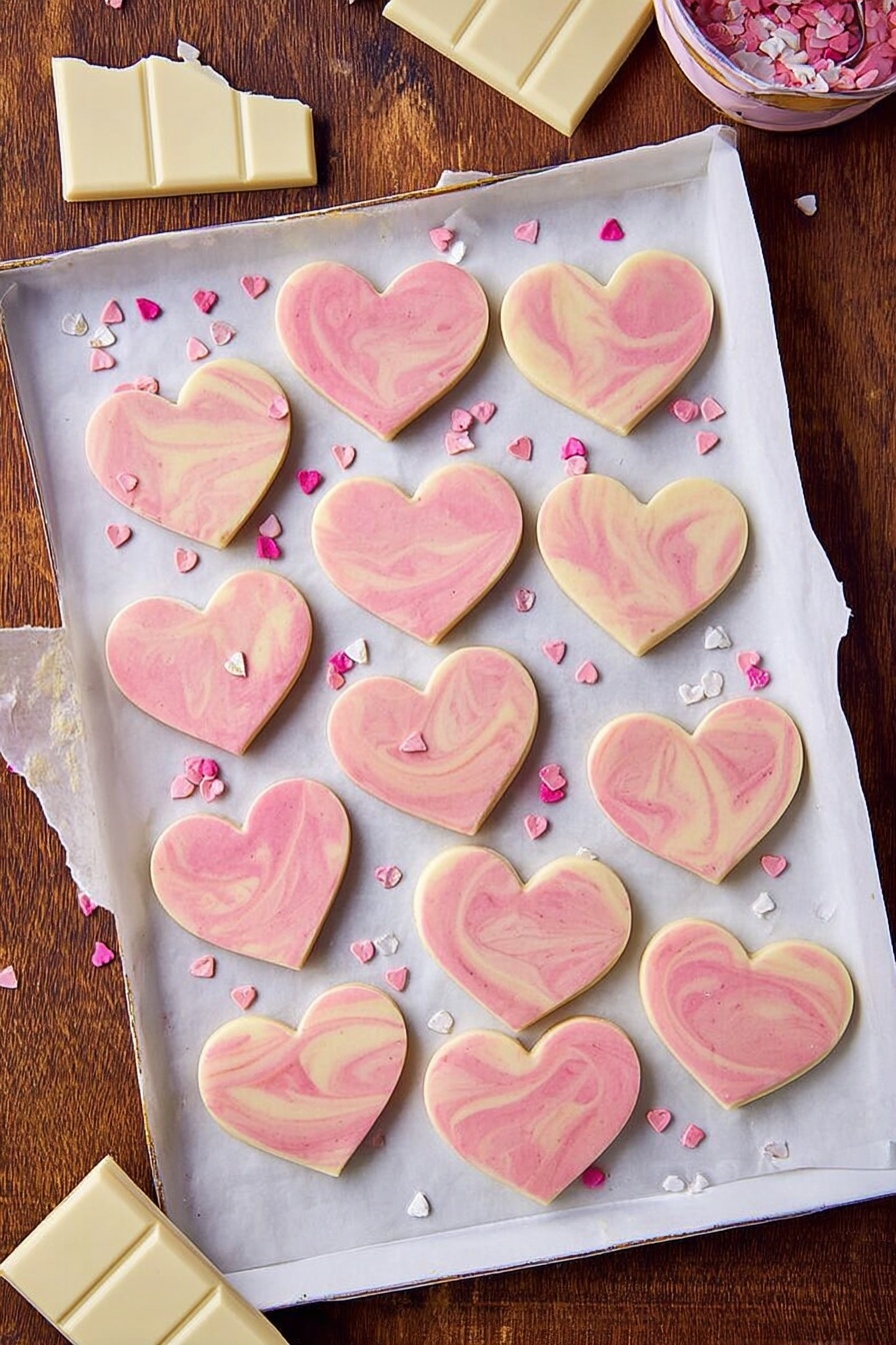 The image shows a stack of heart-shaped cookies with two visible layers. The bottom layer is a pale yellow cookie base, smooth and thick. The top layer is a pink icing with a soft marbled pattern in deeper pink shades, covering the entire cookie surface with a smooth, glossy texture. A small white heart-shaped sprinkle sits on the top right side of the top cookie. The cookies rest on a white marbled textured surface with scattered small heart-shaped sprinkles in pink and white around them. Photo taken with an iphone --ar 2:3 --v 7 - Pink White Chocolate Fudge, pink white chocolate fudge recipe, easy white chocolate fudge, colorful fudge recipes, quick dessert ideas
