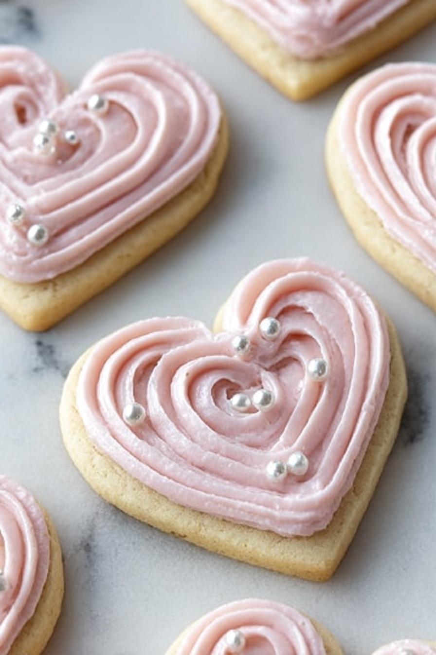 The image shows several heart-shaped cookies on a white marbled surface. Each cookie has one main layer of pale yellow dough topped with a thick layer of pale pink frosting. The frosting is piped in smooth, rounded swirls following the heart shape, creating a soft texture. Small white and silver edible pearls are scattered across the frosting, adding decorative spots. The cookies are arranged close to each other, filling the frame. photo taken with an iphone --ar 2:3 --v 7 - Soft Sour Cream Sugar Cookies with Cream Cheese Frosting, sour cream sugar cookies, cream cheese frosting recipe, soft cookie recipes, easy decorated cookies