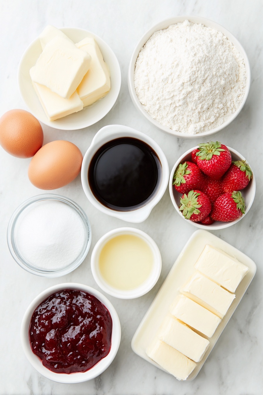 Flat lay of a small mound of pale yellow unsalted butter, a small white ceramic bowl of fine caster sugar, a small white ceramic bowl of vanilla extract, a neat pile of fine plain flour, a pinch of fine salt in a small white ceramic bowl, two whole uncracked brown eggs, a small white ceramic bowl of powdered icing sugar, two fresh bright red strawberries (one whole, one halved), a small white ceramic bowl with smooth red strawberry jam, a small white ceramic bowl of melted butter, a small white ceramic bowl of creamy milk, all evenly spaced with perfect symmetry and balanced proportions, placed on a clean white marble surface, soft natural light, photo taken with an iPhone, professional food photography style, fresh ingredients, white ceramic bowls, no bottles, no duplicates, no utensils, no packaging --ar 2:3 --v 7 --p m7354615311229779997 - Heart-Shaped Strawberry Shortbread Cookies, strawberry shortbread cookies, Valentine’s Day cookie ideas, homemade shortbread cookies, strawberry jam cookies