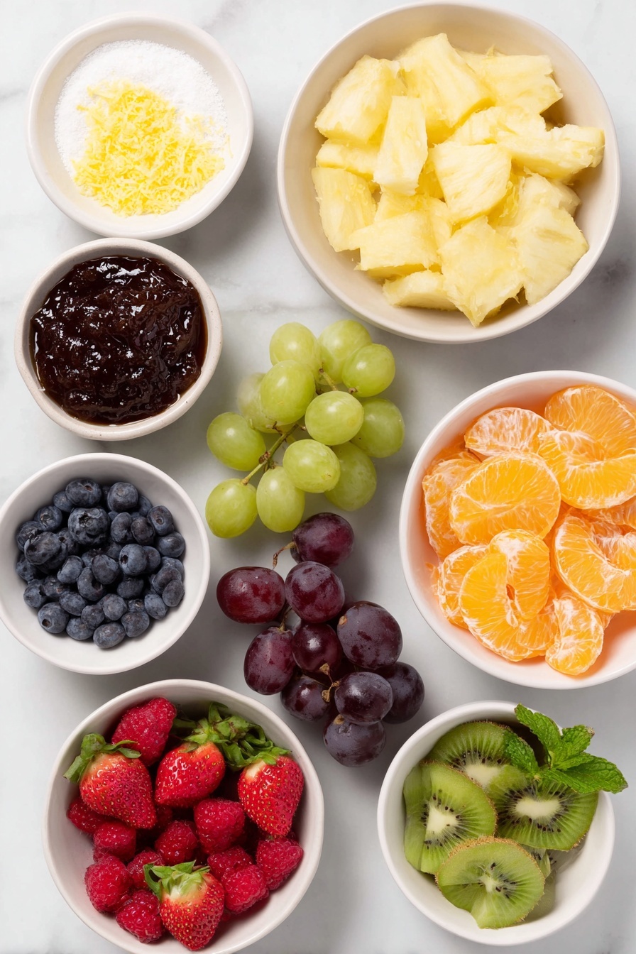 Flat lay of a small white ceramic bowl of glossy apricot preserves, a small white ceramic bowl of granulated sugar, a small white ceramic bowl with bright yellow lemon zest, a small white ceramic bowl of fresh lemon juice, a pile of freshly chopped golden pineapple chunks, a group of halved deep purple grapes, a group of halved vibrant green grapes, quartered ripe red strawberries with green tops removed, peeled and quartered bright green kiwi pieces, chunks of ripe orange mango flesh, a mound of plump blue blueberries, a handful of bright red raspberries, neatly drained mandarin orange segments arranged in a small white ceramic bowl, and a few sprigs of fresh green mint leaves, placed on a clean white marble surface, soft natural light, photo taken with an iPhone, professional food photography style, fresh ingredients, white ceramic bowls, no bottles, no duplicates, no utensils, no packaging --ar 2:3 --v 7 --p m7354615311229779997 - Vibrant Fruit Salad with Lemon Apricot Glaze, colorful fruit salad, fruit salad with lemon glaze, fresh fruit salad recipe, easy fruit salad for gatherings