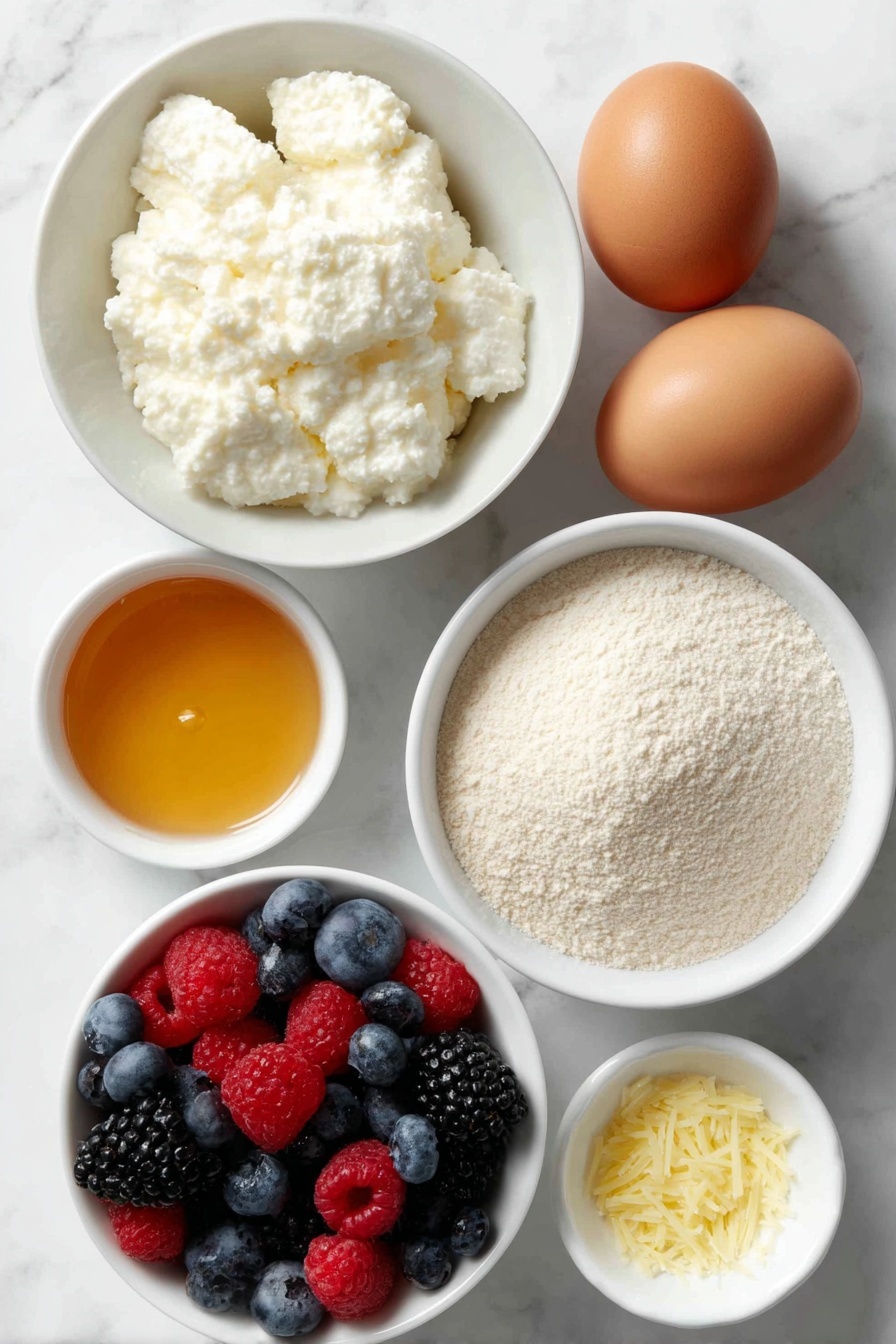 Flat lay of a small mound of full-fat cottage cheese with a creamy texture, three large whole brown eggs with clean shells, a neat pile of light tan almond flour, a small white ceramic bowl filled with golden honey, a small white bowl with clear vanilla extract, a small heap of bright yellow lemon zest strands, a tiny white bowl holding fine white baking powder, and a simple white ceramic bowl brimming with fresh mixed berries including blueberries, raspberries, and blackberries, all arranged in perfect symmetry on a clean white marble surface, soft natural light, photo taken with an iPhone, professional food photography style, fresh ingredients, white ceramic bowls, no bottles, no duplicates, no utensils, no packaging --ar 2:3 --v 7 --p m7354615311229779997 - High Protein Berry Bake, healthy berry breakfast, high-protein yogurt bake, nutritious berry dessert, easy high-protein breakfast