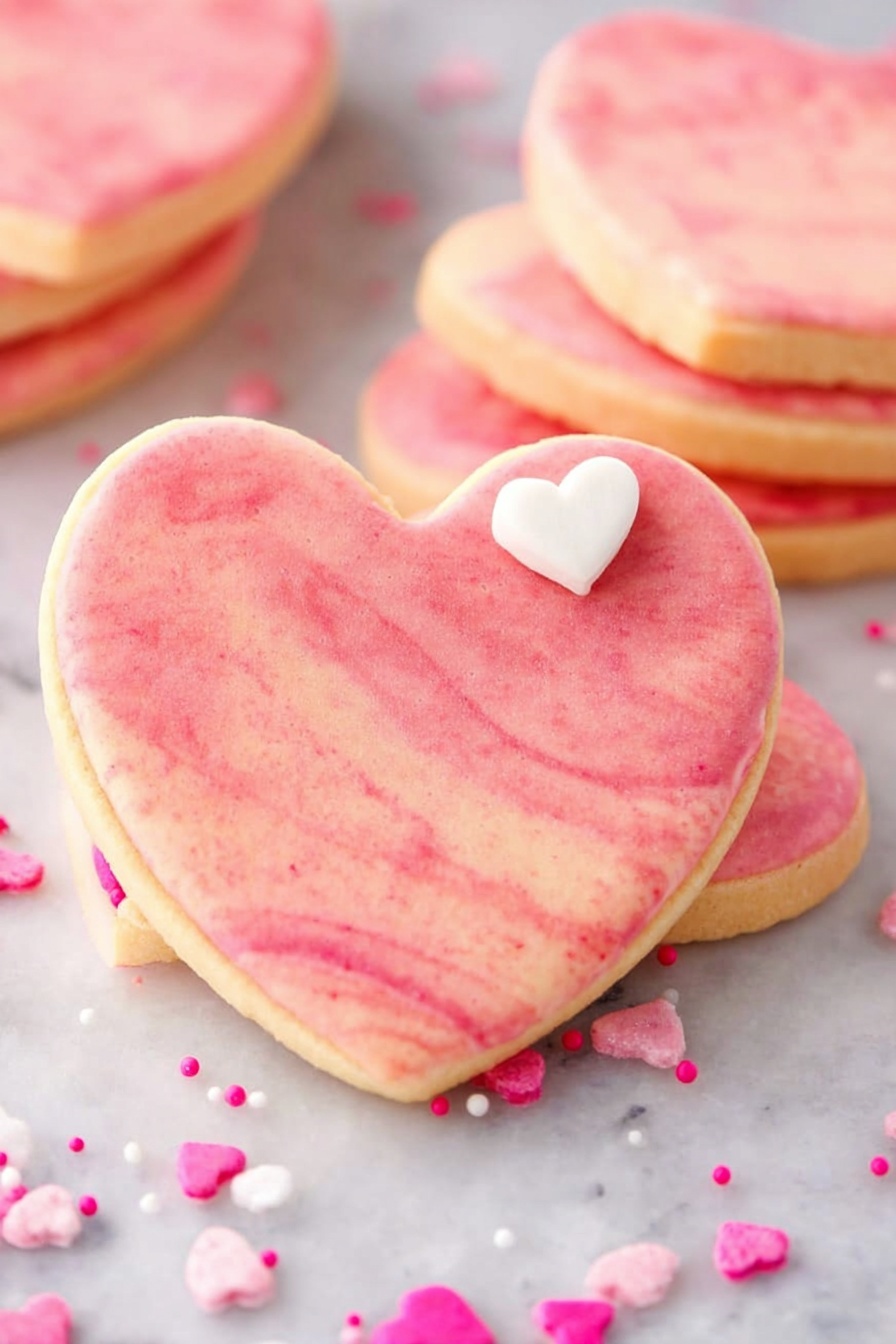 The image shows several heart-shaped cookies with a smooth, pale pink coating that has subtle darker pink speckles all over. The cookies are stacked and also scattered on a white marbled surface. The texture of the coating looks soft and matte with a slight sheen, giving the cookies a delicate appearance. Some round cookies with the same pink color are visible in the foreground, one of which has a small pink heart-shaped decoration on top. The background is bright and softly blurred, emphasizing the cookies in the front. photo taken with an iphone --ar 2:3 --v 7 - Pink White Chocolate Fudge, pink white chocolate fudge recipe, easy white chocolate fudge, colorful fudge recipes, quick dessert ideas