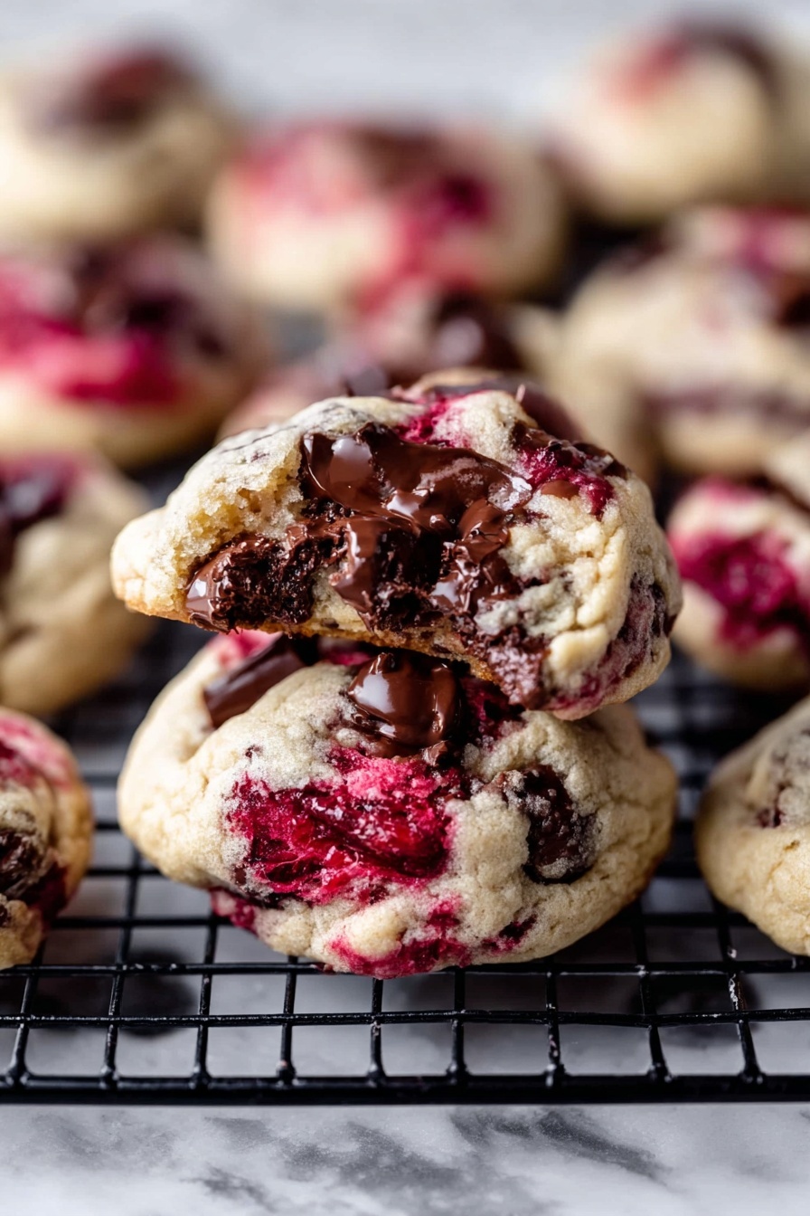 The image shows a close-up of soft, round cookies stacked with one on top that is broken open to reveal melted dark chocolate inside. The cookies have creamy beige dough with swirls of bright red berries throughout and chunks of shiny dark brown chocolate embedded on the surface. They rest on a black wire cooling rack with more cookies scattered in the blurry background. The scene is set on a white marbled surface, making the vibrant colors of the cookies stand out vividly. photo taken with an iphone --ar 2:3 --v 7 - Raspberry Chocolate Chunk Cookies, raspberry chocolate cookies, chewy raspberry cookies, chocolate chunk cookies, fruit and chocolate cookies