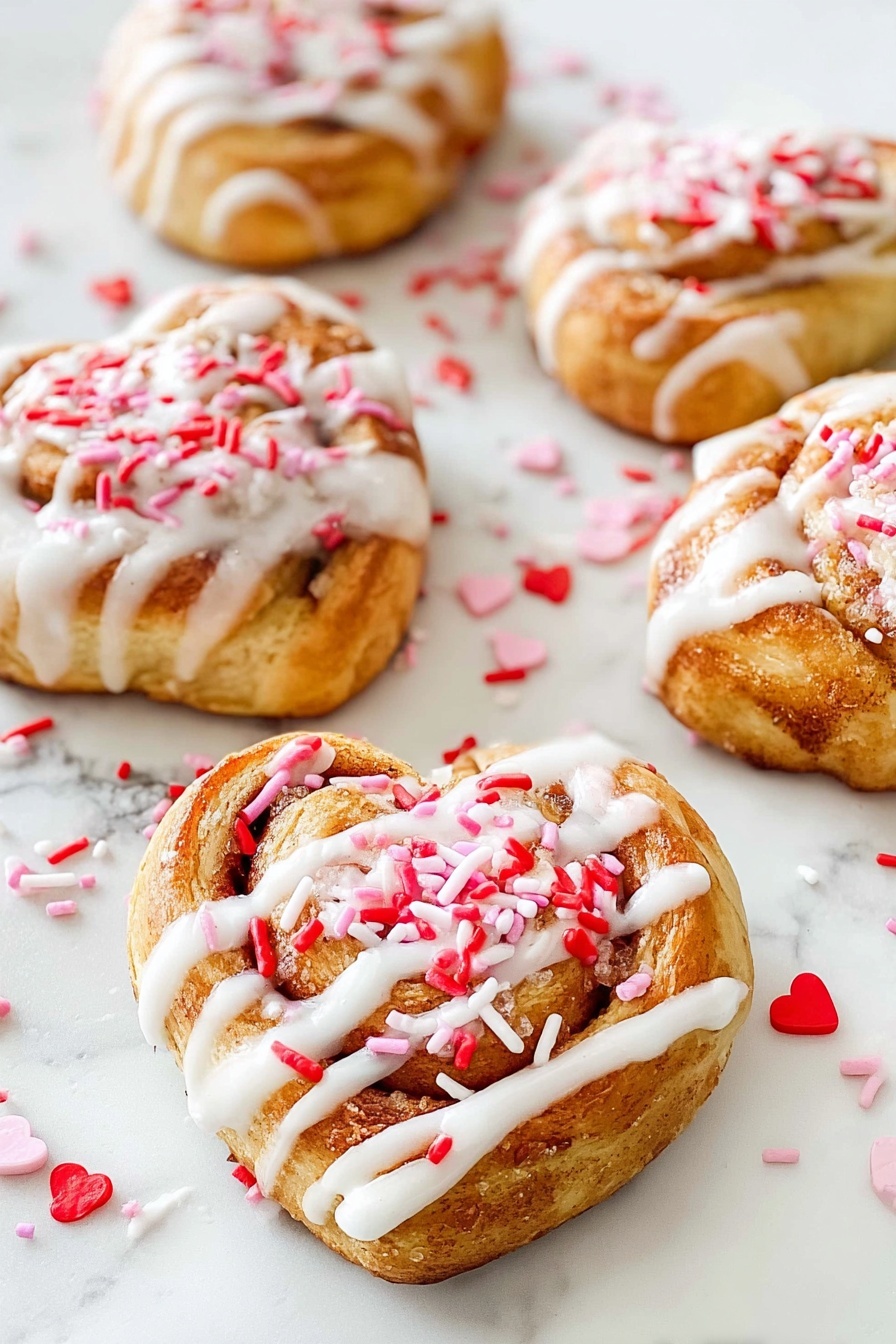 The image shows soft, golden-brown cinnamon rolls with white icing drizzled thickly on top. On the icing, there are red, pink, and white heart-shaped and sprinkle decorations scattered around, adding a festive look. The rolls have visible layers of swirled dough inside, showing a light fluffy inside with cinnamon filling. One roll in the front has a piece pulled off, showing its soft interior. The rolls are placed on a white marbled textured surface. photo taken with an iphone --ar 2:3 --v 7 - Heart-Shaped Cinnamon Rolls, Valentine’s Day Cinnamon Rolls, Easy Cinnamon Roll Recipe, Fluffy Cinnamon Rolls, Festive Breakfast Ideas