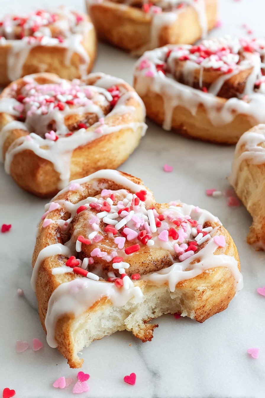 A heart-shaped cookie with a golden-brown base is decorated with white icing drizzled across its top in thin, uneven lines. The cookie is sprinkled generously with red, pink, and white sprinkles, which include small hearts, rods, and dots scattered both on the cookie and around it on a white marbled surface. The texture of the cookie looks soft with slight ridges, and the overall scene is bright and clean. Photo taken with an iphone --ar 2:3 --v 7 - Heart-Shaped Cinnamon Rolls, Valentine’s Day Cinnamon Rolls, Easy Cinnamon Roll Recipe, Fluffy Cinnamon Rolls, Festive Breakfast Ideas