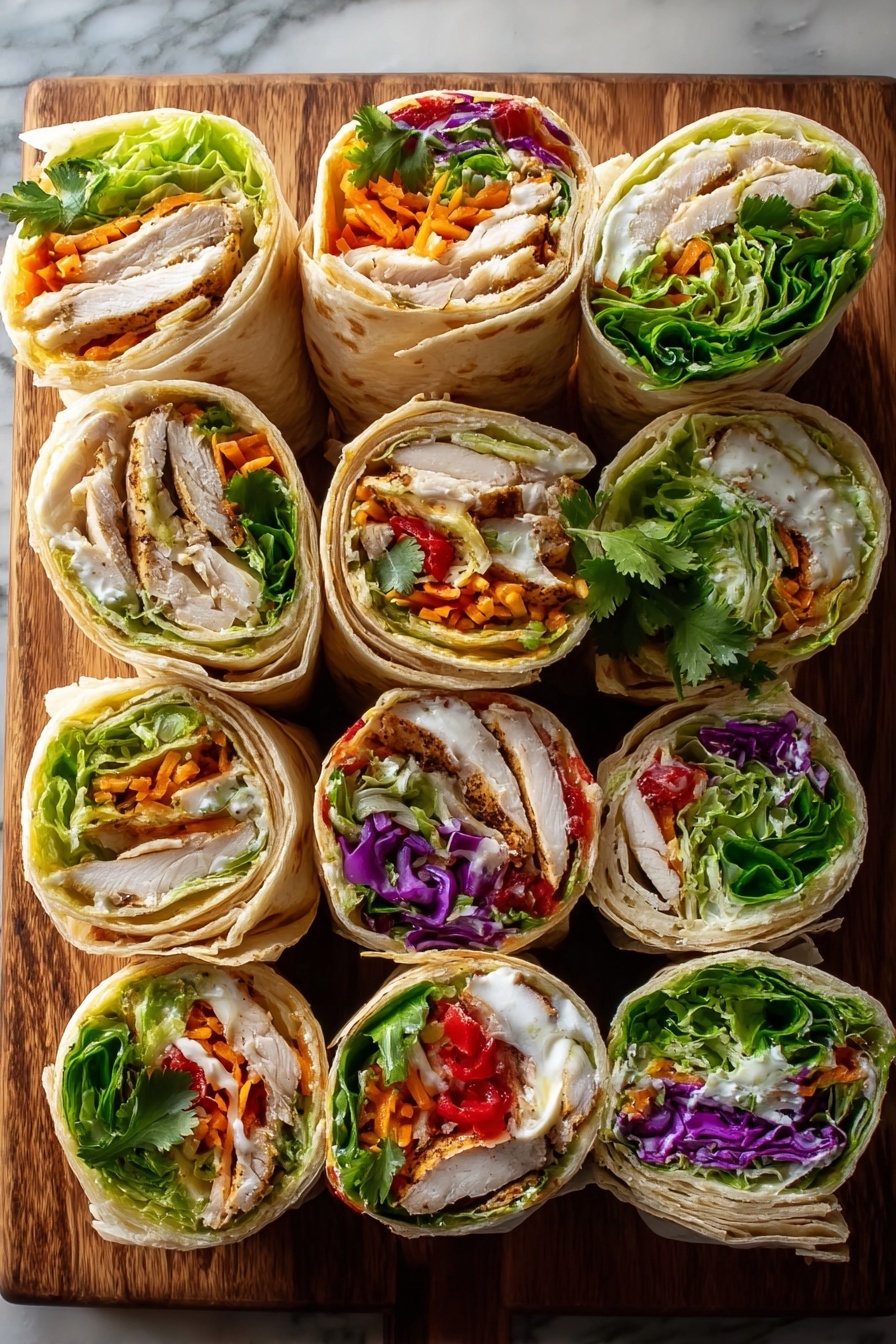 A wooden board holds eight cut tortilla wraps arranged closely in two rows. Each wrap shows multiple layers: a soft, lightly toasted outer white tortilla, followed by a mix of bright green lettuce, folded white cooked chicken slices, and various vegetables including purple cabbage, orange shredded carrot, red bell pepper, and fresh green cilantro leaves. Some wraps have a creamy white sauce visible near the edges. The wraps are tightly rolled, showing clear spiral layers of colorful fresh vegetables and tender chicken inside. The background is a white marbled texture. photo taken with an iphone --ar 2:3 --v 7 - Chicken Caesar Wraps, easy Chicken Caesar wraps, healthy chicken wraps, grilled chicken wraps, Caesar wrap ideas