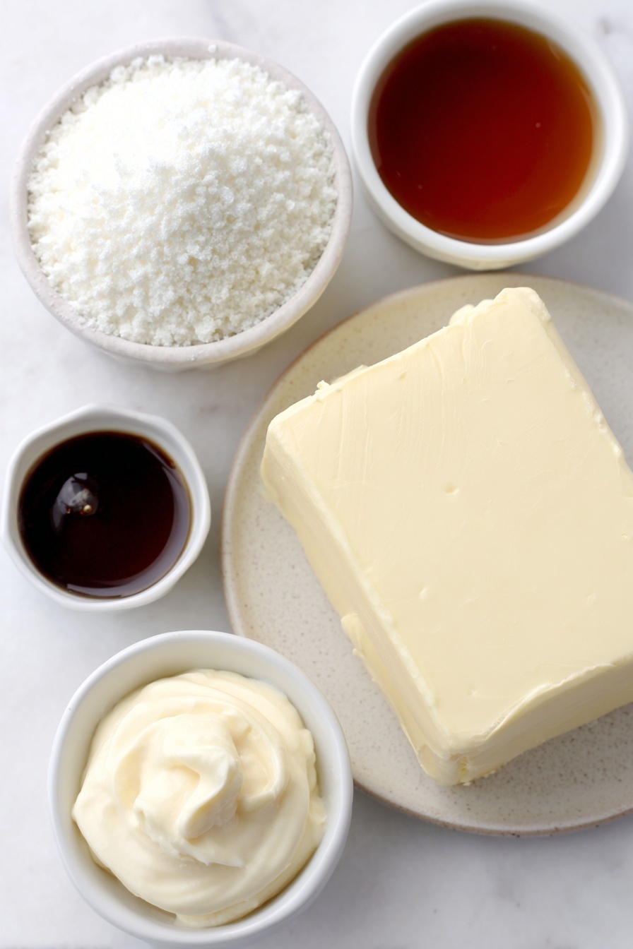 Flat lay of a block of pale yellow salted butter, a small mound of fine white powdered sugar on a simple white ceramic plate, two small white ceramic bowls—one with clear vanilla extract and the other with light amber almond extract, a pinch of coarse salt arranged neatly on a tiny white ceramic dish, a small white bowl filled with creamy French vanilla coffee creamer, all ingredients fresh and natural, perfectly balanced and symmetrical, placed on a clean white marble surface, soft natural light, photo taken with an iPhone, professional food photography style, fresh ingredients, white ceramic bowls, no bottles, no duplicates, no utensils, no packaging --ar 2:3 --v 7 --p m7354615311229779997 - Easy Vanilla Buttercream for Cookies, vanilla buttercream frosting, homemade cookie frosting, creamy vanilla frosting, simple buttercream for cookies