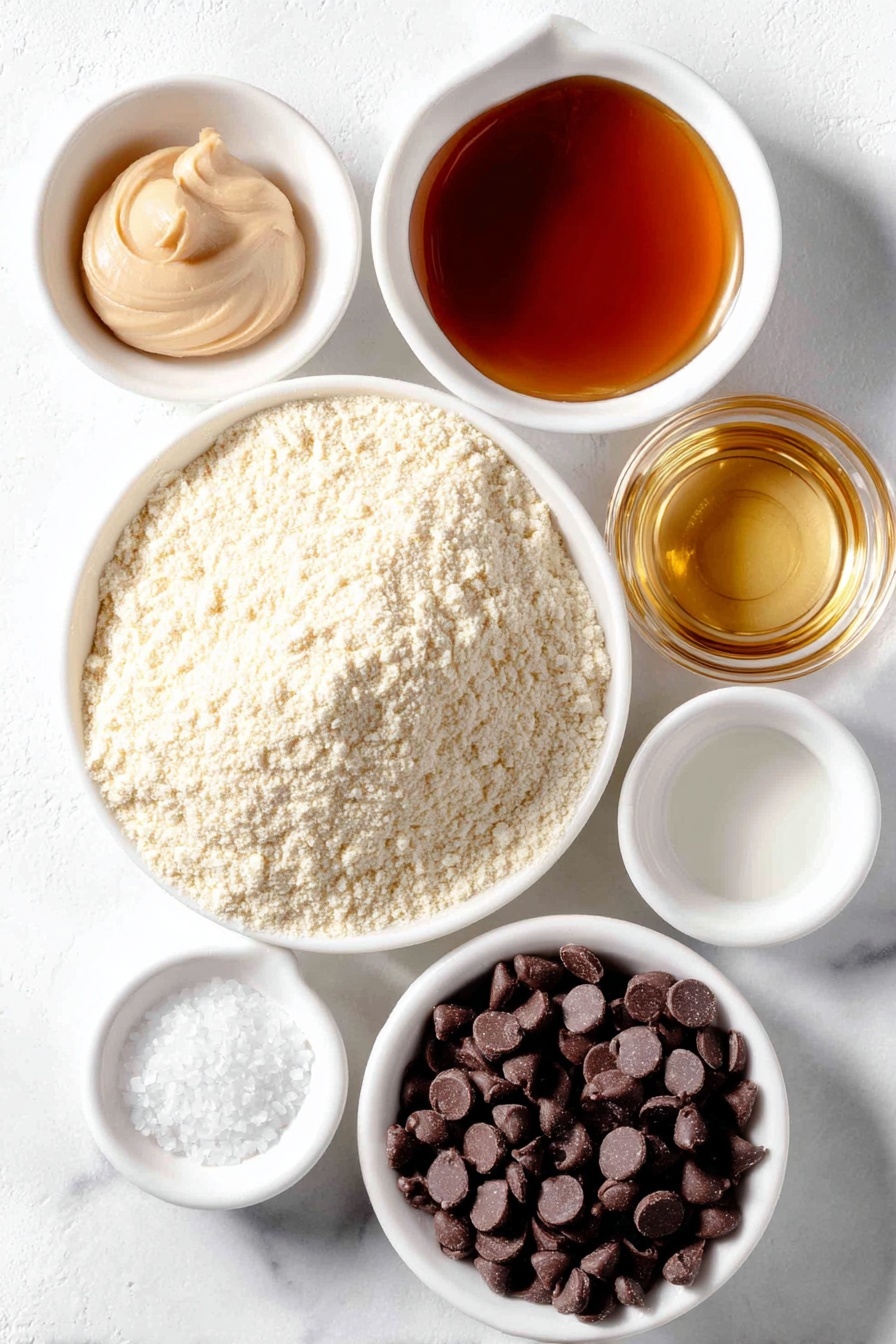 Flat lay of a small mound of pale almond flour, a smooth dollop of light tan cashew butter, a small white bowl filled with amber-colored maple syrup, a small white bowl containing clear melted coconut oil, a tiny white bowl with translucent vanilla extract, a pinch of fine white sea salt scattered delicately, a handful of glossy semi-sweet chocolate chips spread naturally, and a small white bowl with flaky sea salt crystals, all arranged symmetrically on simple white ceramic dishes and bowls, placed on a clean white marble surface, soft natural light, photo taken with an iPhone, professional food photography style, fresh ingredients, white ceramic bowls, no bottles, no duplicates, no utensils, no packaging --ar 2:3 --v 7 --p m7354615311229779997 - Healthy Cookie Dough Bark, healthy no-bake cookie treats, wholesome dessert recipes, guilt-free chocolate dessert, easy healthy snack ideas