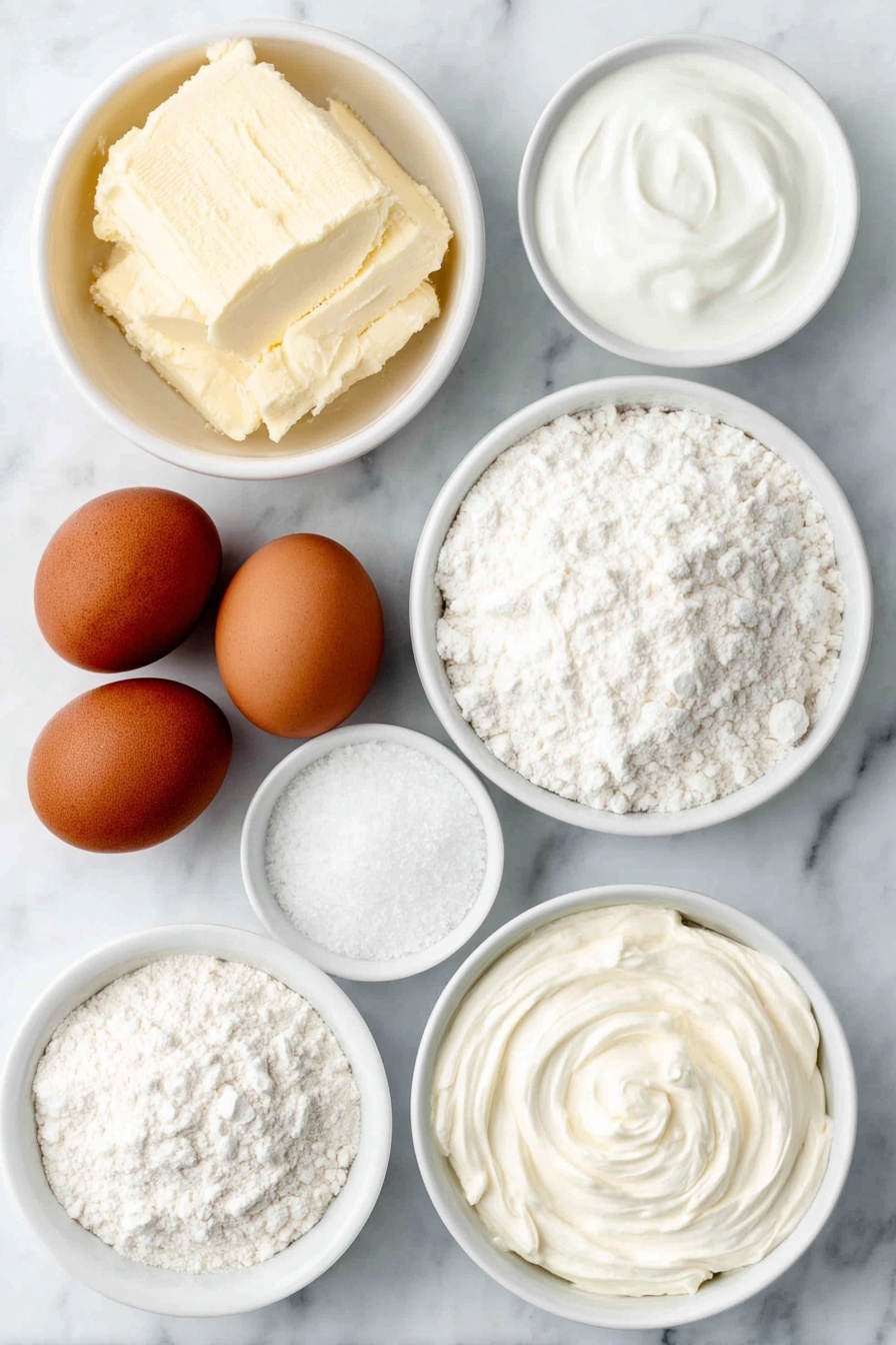 Flat lay of a small mound of softened pale yellow butter, a neat pile of granulated white sugar, two whole uncracked brown eggs, a small white bowl with clear sour cream, a small white bowl containing fine white baking powder, a small white bowl with fine white baking soda, a small white bowl of fine white salt, a small pile of white all-purpose flour, a small white bowl filled with powdered sugar, and a small white bowl with smooth cream cheese, all arranged in perfect symmetry with balanced proportions on a clean white marble surface, soft natural light, photo taken with an iPhone, professional food photography style, fresh ingredients, white ceramic bowls, no bottles, no duplicates, no utensils, no packaging --ar 2:3 --v 7 --p m7354615311229779997 - Soft Sour Cream Sugar Cookies with Cream Cheese Frosting, sour cream sugar cookies, cream cheese frosting recipe, soft cookie recipes, easy decorated cookies