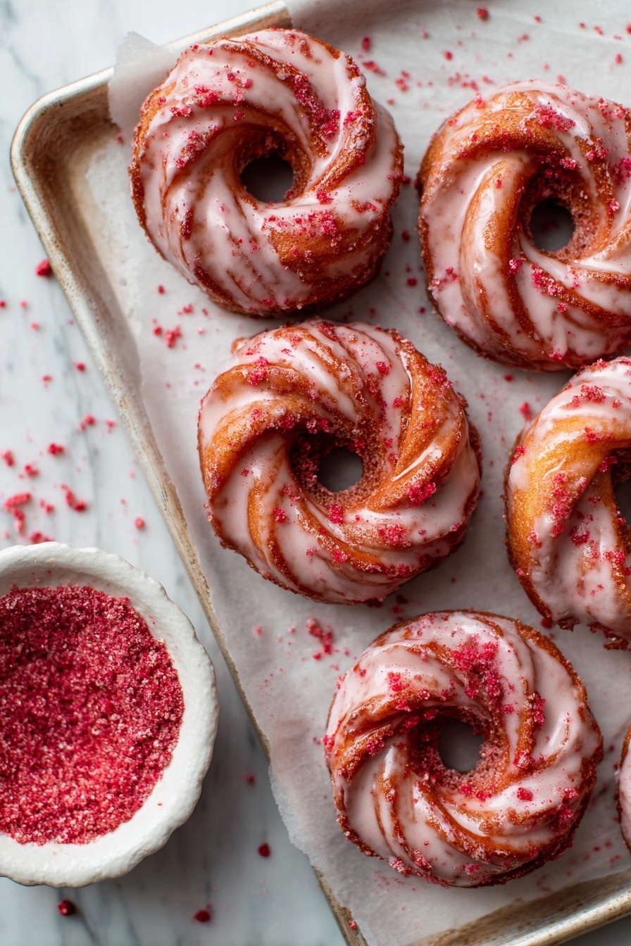 The image shows six round, twisted donuts on a white tray with parchment paper. Each donut has a light pink shiny glaze drizzled over the top and is dusted with red crumbs. There is a small white bowl filled with the same red crumbs at the bottom left corner. The background is a white marbled texture. photo taken with an iphone --ar 2:3 --v 7 - Strawberry Glazed French Crullers, French Crullers with Strawberry Glaze, Homemade Strawberry Crullers, Fruit-Topped French Pastries, Easy French Crullers Recipe