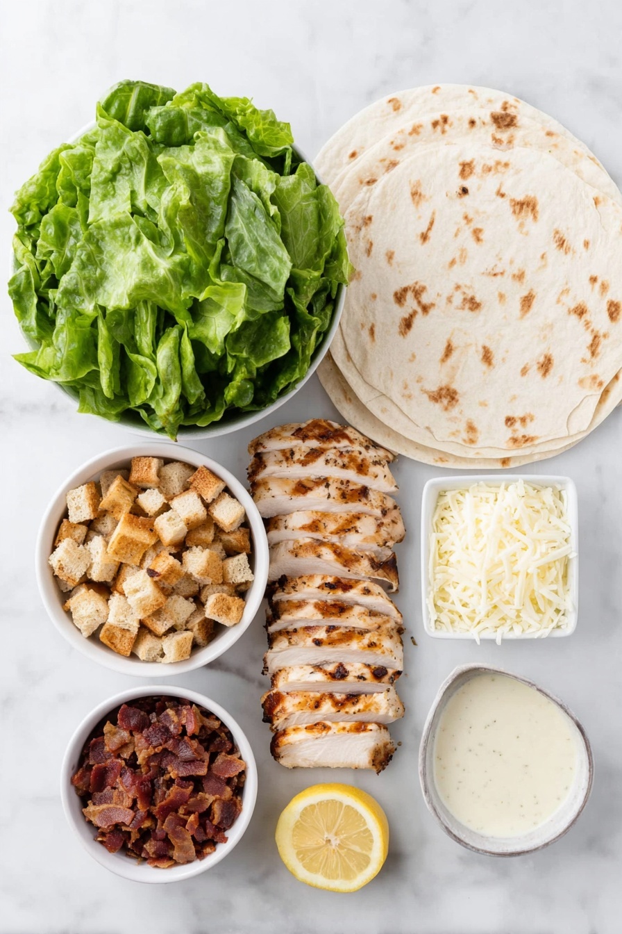 Flat lay of four large plain flour tortillas laid flat, fresh bright green romaine lettuce leaves, two grilled chicken breasts sliced into strips with golden char marks, small white ceramic bowl with finely grated pale parmesan cheese, small white ceramic bowl filled with halved vibrant red cherry tomatoes, small white ceramic bowl holding crunchy golden-brown croutons, small white ceramic bowl containing smoky brown bacon bits, small white ceramic bowl with creamy off-white Caesar dressing, small white ceramic bowl with fresh lemon wedges, small white ceramic bowl with a pinch of black pepper, small white ceramic bowl with garlic powder, all ingredients arranged symmetrically on a clean white marble surface, soft natural light, photo taken with an iPhone, professional food photography style, fresh ingredients, white ceramic bowls, no bottles, no duplicates, no utensils, no packaging --ar 2:3 --v 7 --p m7354615311229779997 - Chicken Caesar Wraps, easy Chicken Caesar wraps, healthy chicken wraps, grilled chicken wraps, Caesar wrap ideas