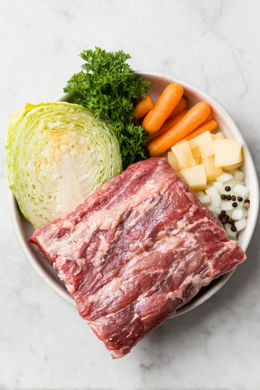 Flat lay of a fresh, lean corned beef brisket with trimmed fat, a small head of green cabbage cut into six wedges, two peeled medium carrots cut into chunks, two peeled medium parsnips cut into chunks, a small pile of frozen pearl onions, a small bunch of finely chopped fresh parsley, two whole bay leaves, and a few whole black peppercorns arranged neatly in a simple white ceramic bowl, all placed on a clean white marble surface, soft natural light, photo taken with an iPhone, professional food photography style, fresh ingredients, white ceramic bowls, no bottles, no duplicates, no utensils, no packaging --ar 2:3 --v 7 --p m7354615311229779997 - Crock Pot Corned Beef and Cabbage, slow cooker corned beef recipe, easy corned beef and cabbage, hearty crock pot dinner, traditional Irish corned beef