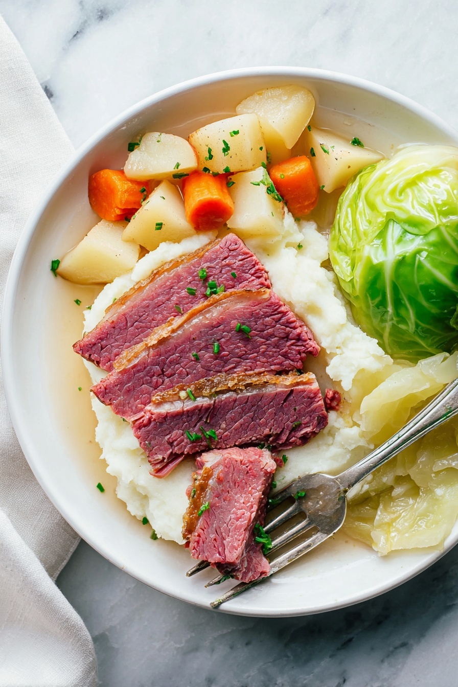 A white plate sits on a white marbled surface holding three thick slices of pink corned beef with a brown edge placed on a bed of smooth white mashed potatoes. To the left of the beef are small chunks of soft-looking orange carrots and light yellow potatoes mixed with pearl onions. To the right side of the plate, a portion of cooked green cabbage leaves is neatly folded. A silver fork rests diagonally on the mashed potatoes with one piece of beef pierced on its prongs and a touch of green garnish scattered lightly over the entire dish. photo taken with an iphone --ar 2:3 --v 7 - Crock Pot Corned Beef and Cabbage, slow cooker corned beef recipe, easy corned beef and cabbage, hearty crock pot dinner, traditional Irish corned beef