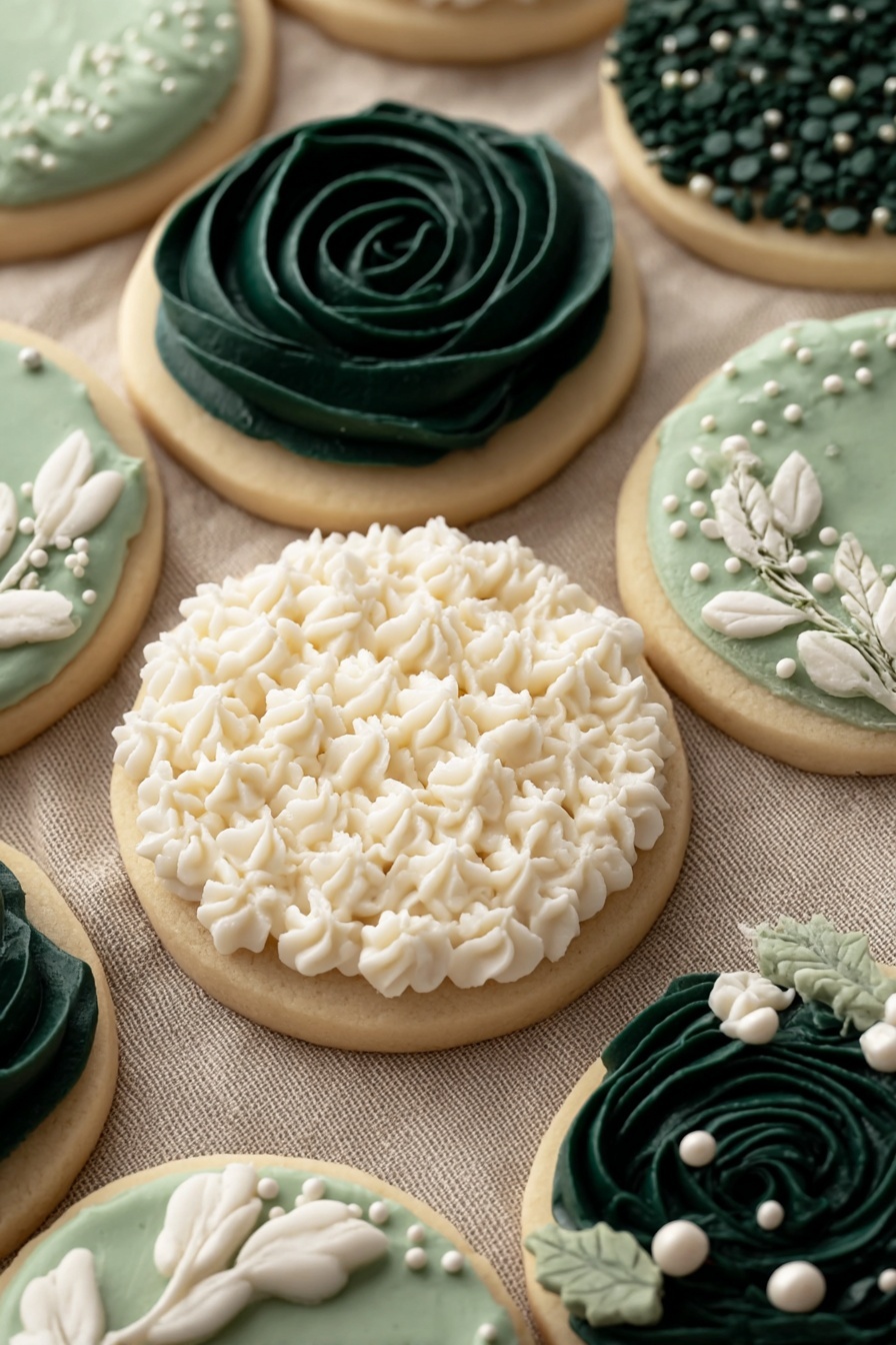 A collection of round sugar cookies with smooth, light beige bases and varied frosting designs sits on a textured beige cloth. One cookie features a dense layer of creamy white piped swirls and dots arranged closely in a patterned texture covering the entire top. Surrounding cookies display frosting in soft green and dark forest green shades, decorated with small white pearl-like sprinkles. Some cookies have smooth green frosting bases with scattered sprinkle clusters, others show dark green rose-shaped swirled frosting, and one presents a combination of green leaves and white floral shapes made from piped frosting. The overall look is elegant and delicate with soft matte and slightly shiny icing textures. photo taken with an iphone --ar 2:3 --v 7 - Easy Vanilla Buttercream for Cookies, vanilla buttercream frosting, homemade cookie frosting, creamy vanilla frosting, simple buttercream for cookies