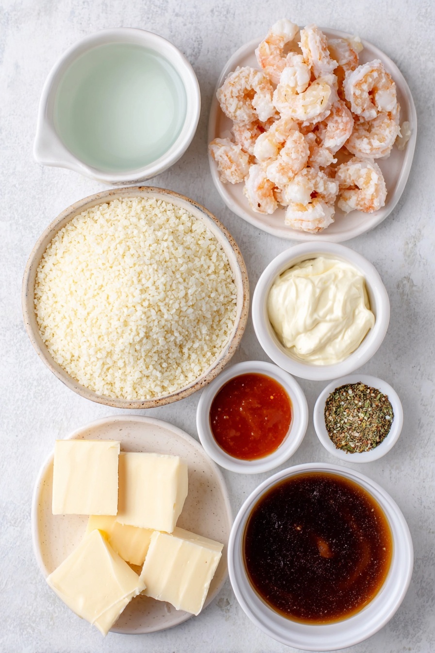 Flat lay of dry Calrose sushi rice in a small mound, a simple white ceramic bowl of clear water, a small white bowl filled with light amber seasoned rice vinegar, chopped imitation crab pieces arranged neatly on a white plate, a few golden-brown cooked tempura shrimp chopped into small segments on a white dish, a small white bowl of creamy Japanese mayonnaise, a white ceramic bowl with a smooth block of cream cheese, a small white bowl of bright red sriracha sauce, a small white bowl of green and black furikake seasoning flakes, a small white bowl of rich, dark brown unagi sauce placed on a clean white marble surface, soft natural light, photo taken with an iPhone, professional food photography style, fresh ingredients, white ceramic bowls, no bottles, no duplicates, no utensils, no packaging --ar 2:3 --v 7 --p m7354615311229779997 - Sushi Bake with Spicy Crab and Shrimp, spicy crab sushi casserole, easy sushi bake recipe, seafood baked sushi dish, comfort food sushi