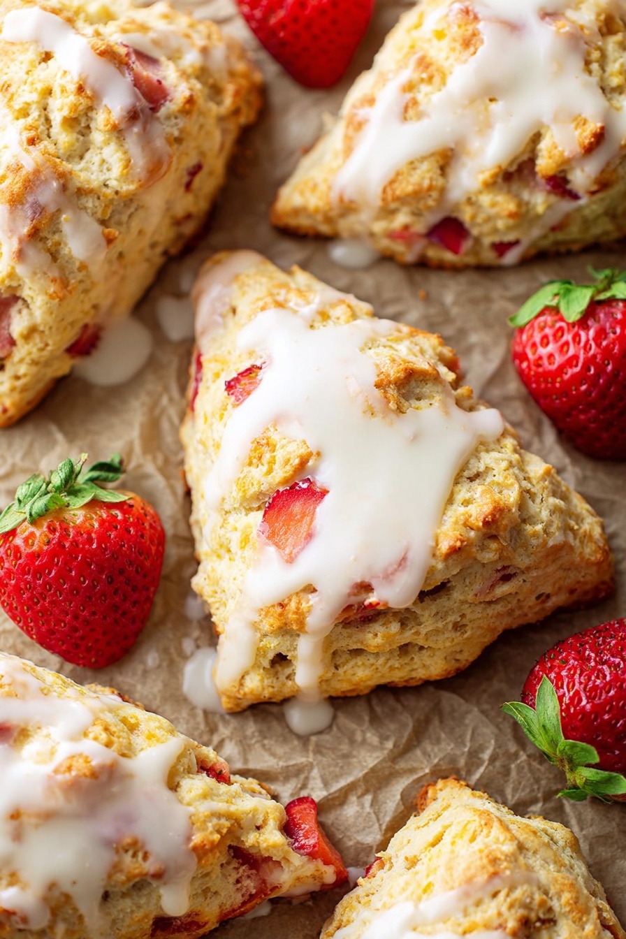 A triangular scone with a light golden crust and a soft, crumbly texture sits on a white plate with decorative edges. Inside the scone, red strawberry pieces are visible, adding touches of bright red throughout. The top is drizzled with a smooth white glaze in thick lines. Around the scone on the plate are three halved strawberries showing their vibrant red inside and tiny seeds. The background is a white marbled texture. photo taken with an iphone --ar 2:3 --v 7 - Strawberries and Cream Scones, fresh strawberry scones, easy scone recipes, buttery scones with strawberries, how to make strawberry scones