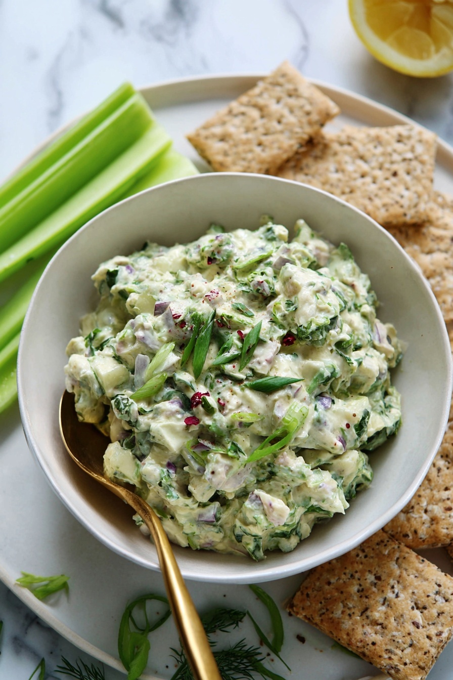 A white bowl is filled with a chunky green salad that looks creamy and mixed with small pieces of white and purple, likely from chopped vegetables and herbs scattered within it. The salad is topped with small green leaves and red specks. A gold-colored spoon rests inside the bowl on the left side. The bowl sits on a white plate that has a slightly worn and rough edge texture. Around the bowl, there are light green celery sticks and curled dark green leafy herbs. Some beige, hexagonal crackers with a grainy texture are placed behind the bowl. In the top right corner, a half lemon is visible. The whole setup is placed on a white marbled surface. photo taken with an iphone --ar 2:3 --v 7 - Herby Avocado Egg Salad, avocado egg salad, quick egg salad, healthy lunch ideas, fresh herb egg salad