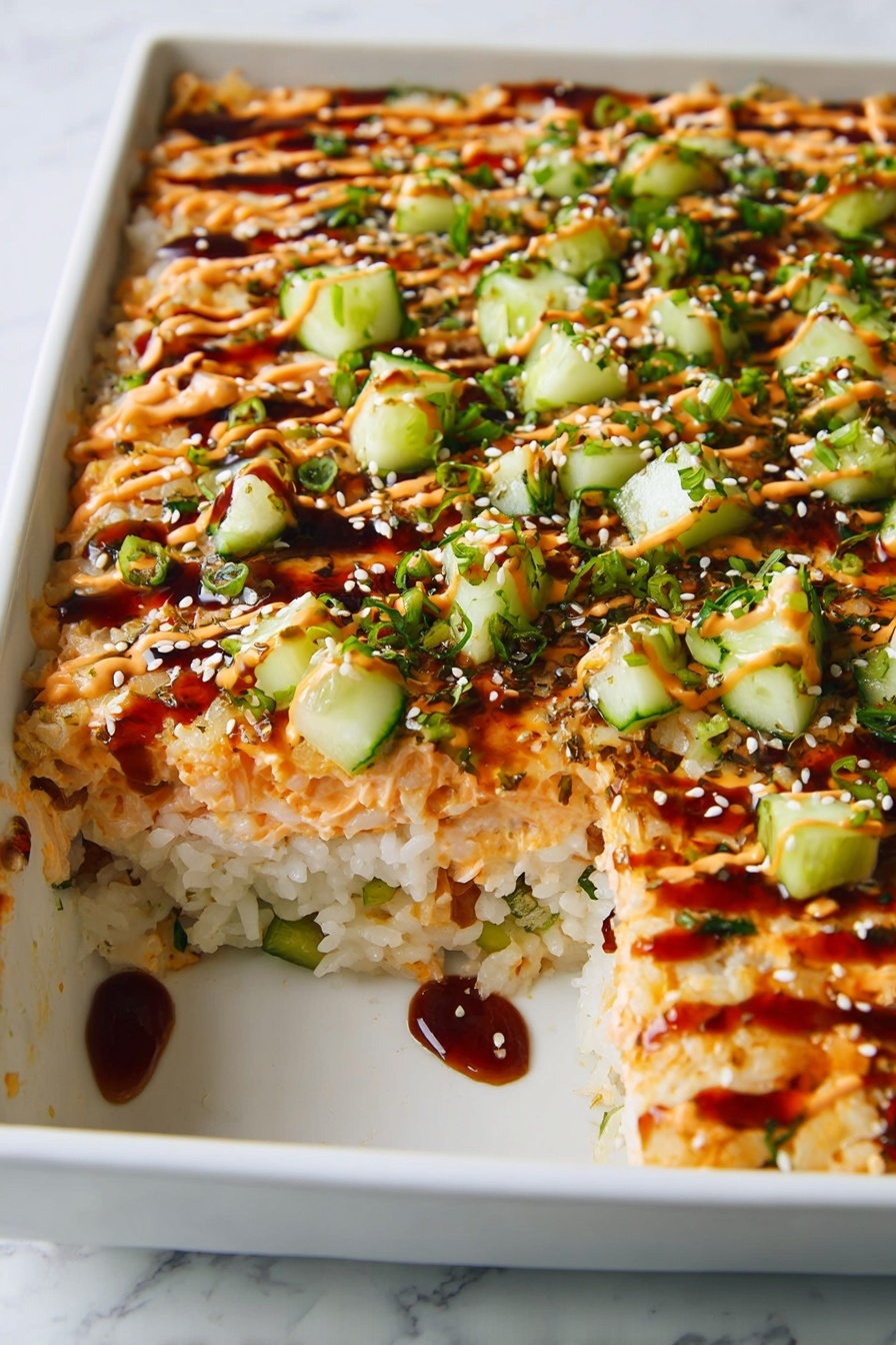 The image shows a white rectangular dish with a multi-layered food inside. The bottom layer is white rice mixed with small green bits. The middle layer appears to be a light orange creamy mixture that looks soft and fluffy. On top, there are evenly spread small cubes of green cucumber and fresh green herbs sprinkled all over. The top is finished with two sauces drizzled in lines: one creamy light orange and the other a dark brown shiny sauce. Some sesame seeds or small white seeds are scattered over the top. A section of the dish has been scooped out, showing the layers clearly against a white marbled surface. photo taken with an iphone --ar 2:3 --v 7 - Sushi Bake with Spicy Crab and Shrimp, spicy crab sushi casserole, easy sushi bake recipe, seafood baked sushi dish, comfort food sushi